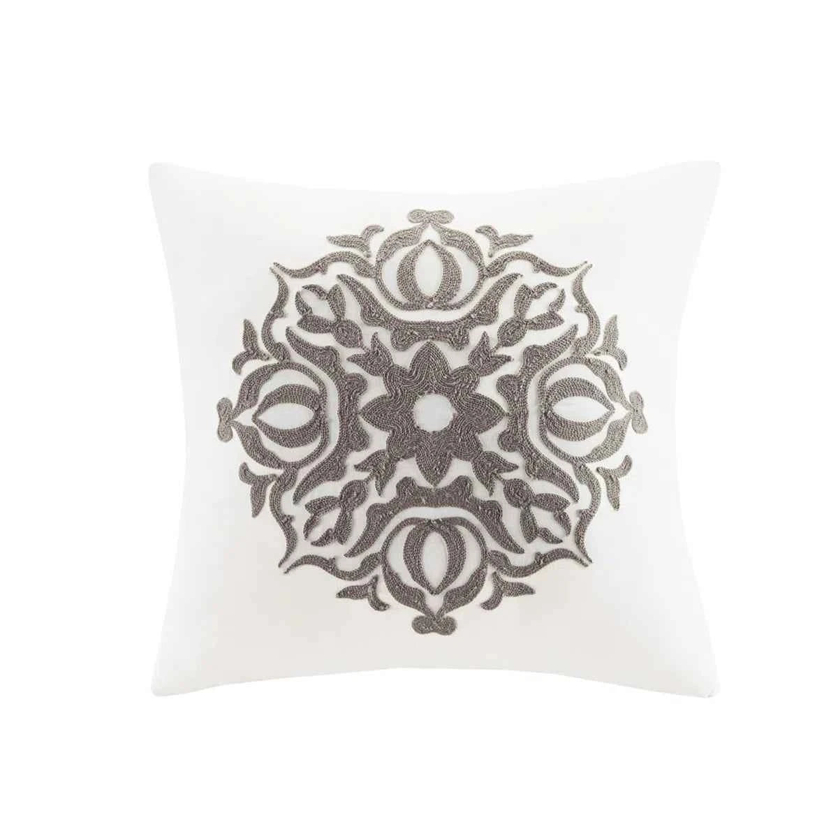 6-Piece Tufted Embroidered Cotton Reversible Comforter Set - Ivory Medallion Bedding with Euro Shams and Decor Pillow