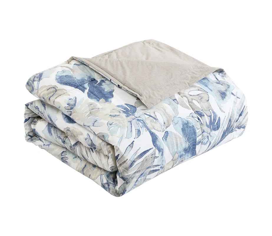 Coast Blue Watercolor Tropical Foliage Cotton Comforter Set - Coastal Bedding with Pillow Shams