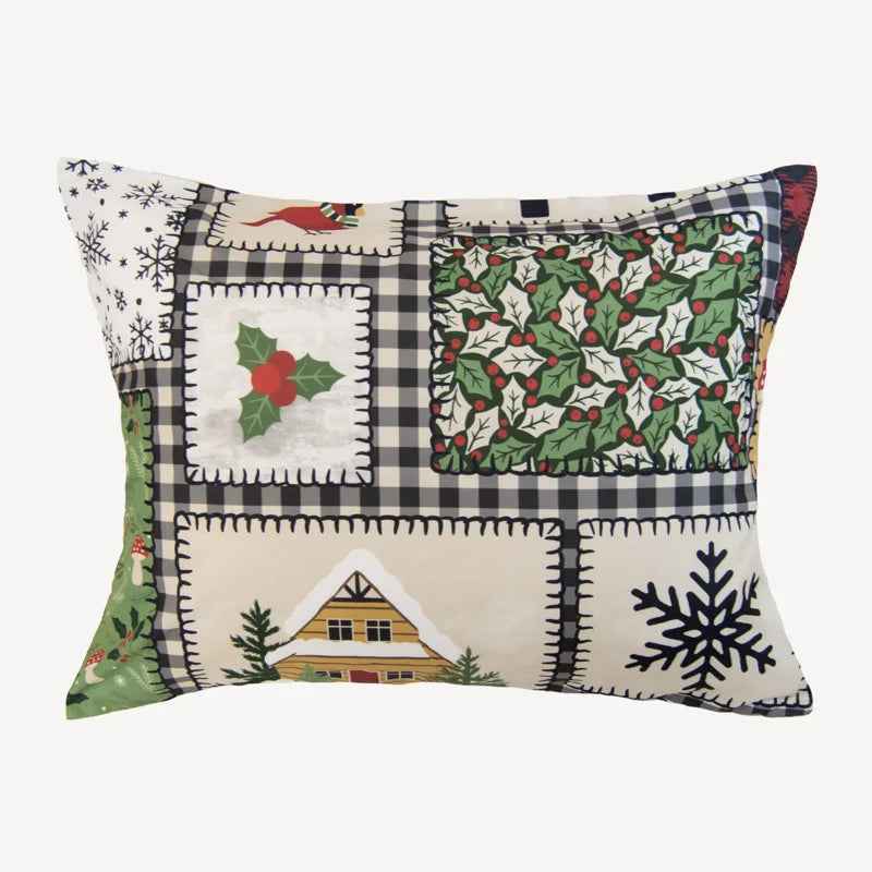 Winter Cottage Reversible Microfiber Holiday Comforter Set - Printed Patchwork Bedding with Pillow Shams