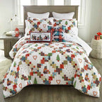 Holiday Love 3 Piece Reversible Festive Patchwork Comforter Set - Printed Christmas Bedding with Pillow Shams