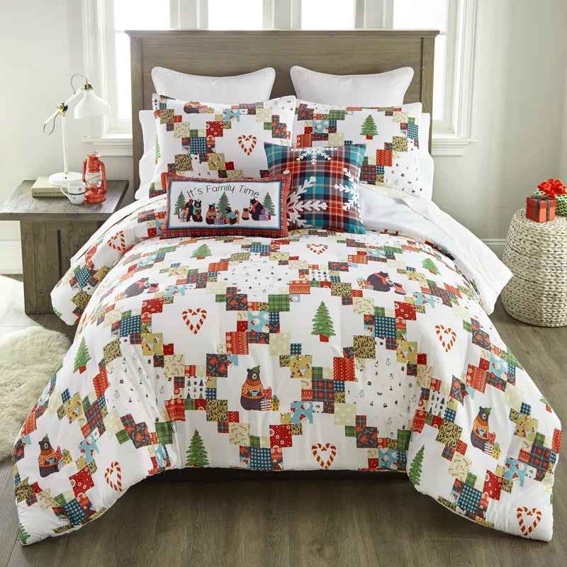 Holiday Love 3 Piece Reversible Festive Patchwork Comforter Set - Printed Christmas Bedding with Pillow Shams