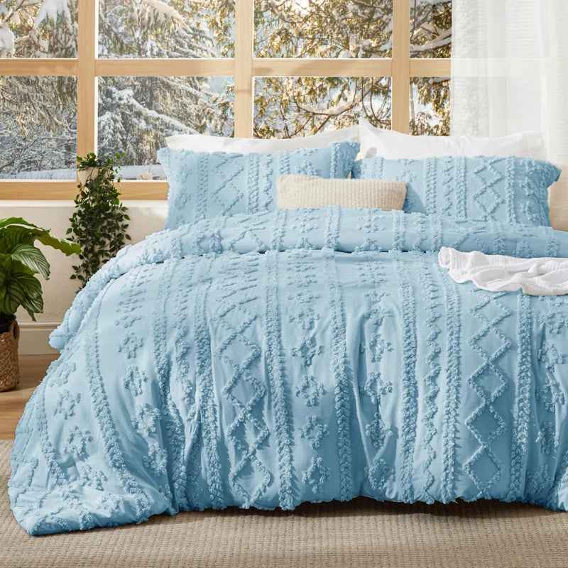 2-Piece Bedsure Beige Tufted Boho Twin Comforter Set - Shabby Farmhouse Jacquard Bedding with Embroidered Shams - Lesvorace