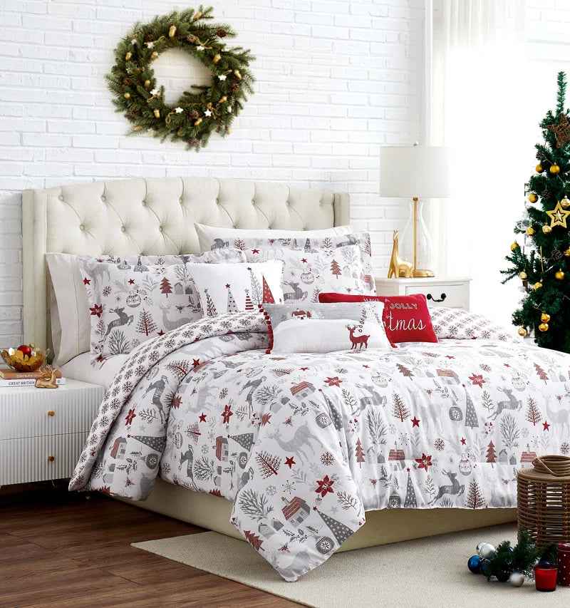 Holly Jolly Red and Gray Reversible Microfiber Comforter Set - 6 Piece Down Alternative Bedding with Throw Pillows