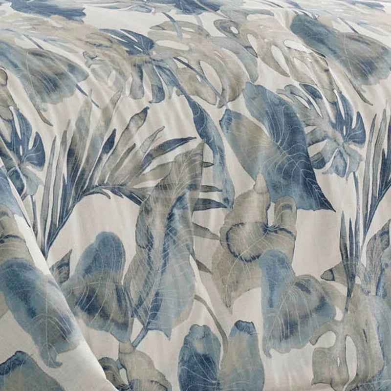 Coast Blue Watercolor Tropical Foliage Cotton Comforter Set - Coastal Bedding with Pillow Shams
