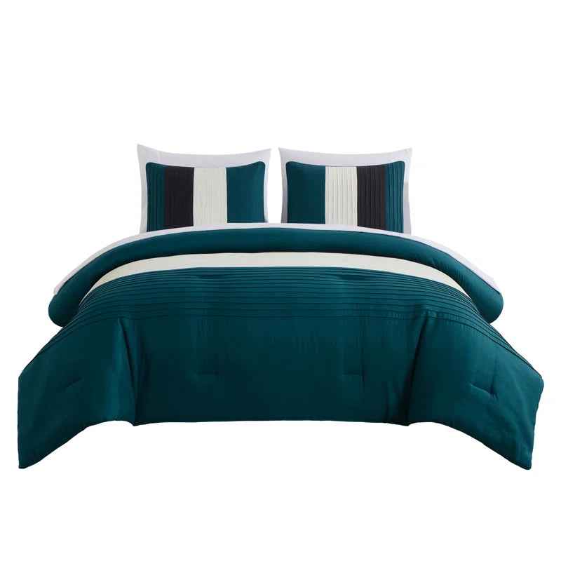 7-Piece Patchwork Pleated Stripe Bed in a Bag Comforter Set - Microfiber Bedding with 15-Inch Deep Pocket Sheets