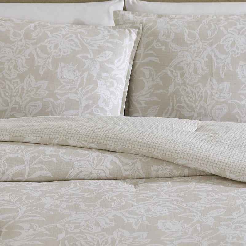 Tortola Reversible Cotton Slub Comforter Set - Printed Painterly Floral Bedding with Pillow Shams