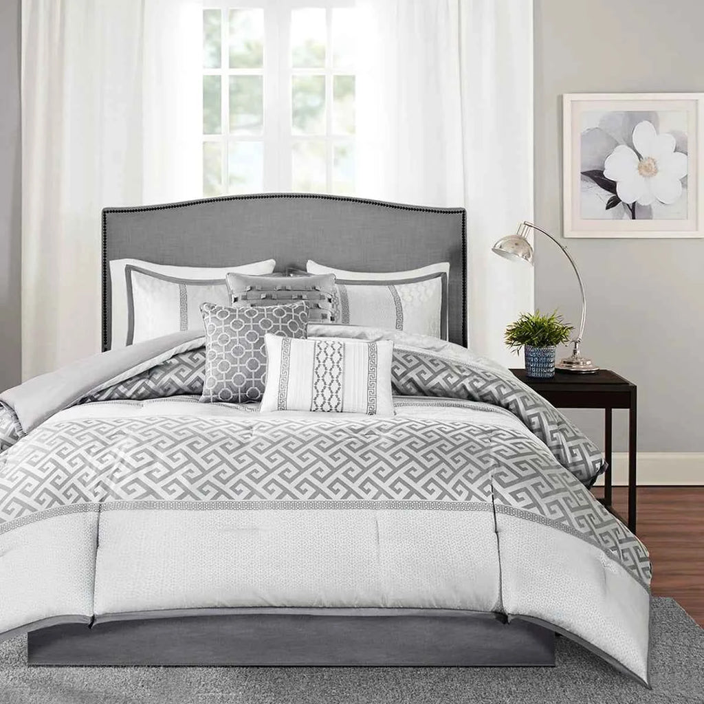 7-Piece Navy Blue Traditional Geometric King Comforter Set - Complete Bedding Ensemble with Pillows and Bed Skirt