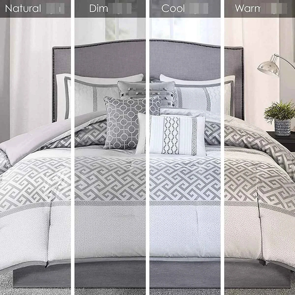 7-Piece Navy Blue Traditional Geometric King Comforter Set - Complete Bedding Ensemble with Pillows and Bed Skirt