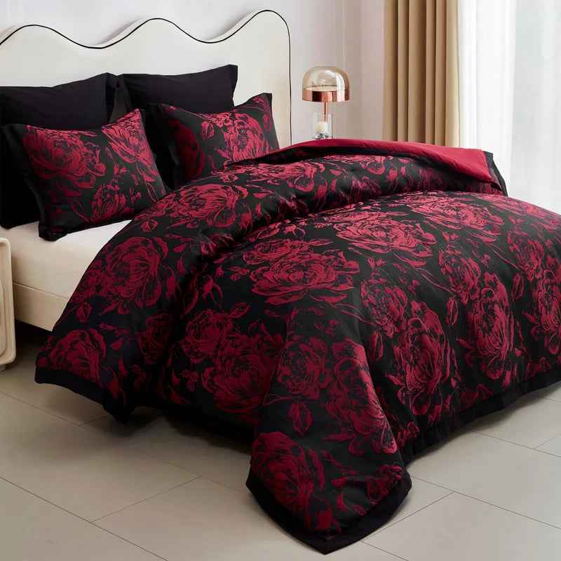 7-Piece Jacquard Floral Patchwork Comforter Set with Curtains - Premium Chinese Floral Bed in a Bag with Euro Shams