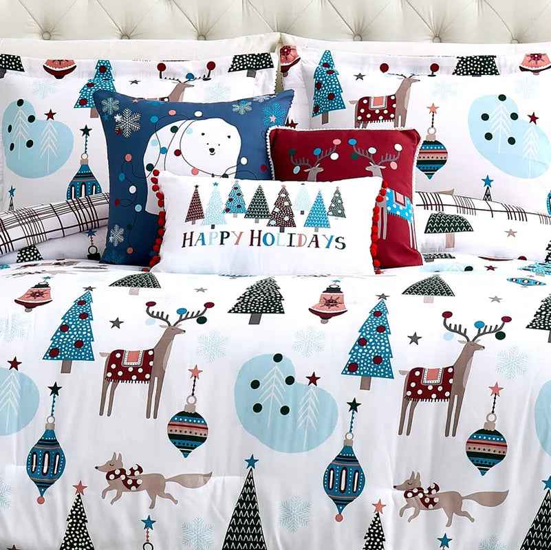 Winter Wonderland Blue and White Reversible Microfiber Comforter Set - 6 Piece Down Alternative Bedding with Throw Pillows