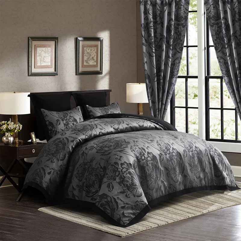 7-Piece Jacquard Floral Patchwork Comforter Set with Curtains - Premium Chinese Floral Bed in a Bag with Euro Shams