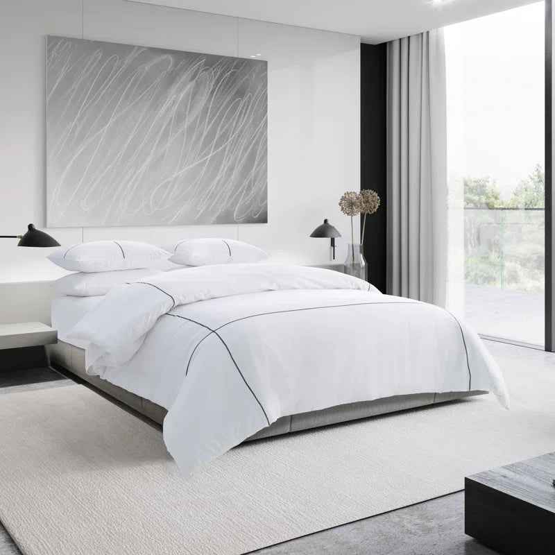 Vera Wang Zig Zag Embroidered White Cotton Sateen Comforter Set - 230 Thread Count Minimalist Bedding with Pillow Shams