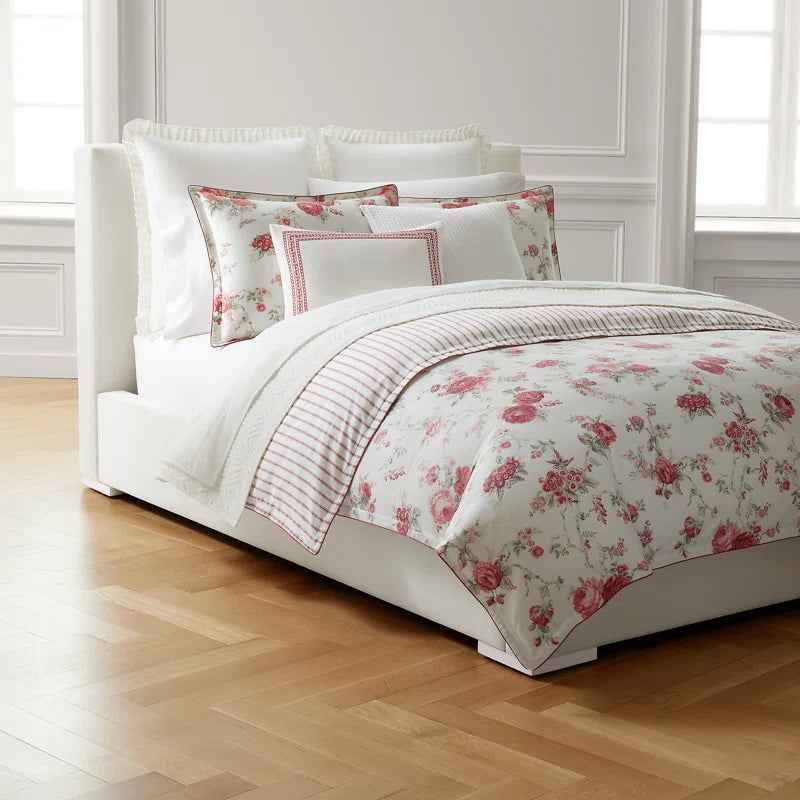 Sofia 100% Cotton Sateen Reversible Floral Comforter Set - Romantic Garden Rose and Ticking Stripe Bedding with Shams