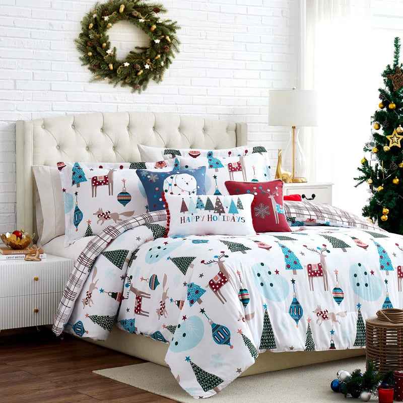 Winter Wonderland Blue and White Reversible Microfiber Comforter Set - 6 Piece Down Alternative Bedding with Throw Pillows