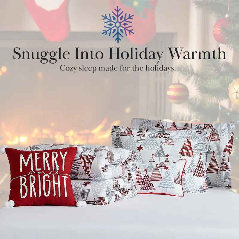 Merry and Bright Reversible Microfiber Comforter Set - Oversized Holiday Bedding with Pillow Shams and Decor Pillows