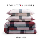 Tommy Hilfiger Prospect Park Plaid 100% Cotton Reversible Comforter Set - Navy Red and Ivory Bedding with Pillow Shams