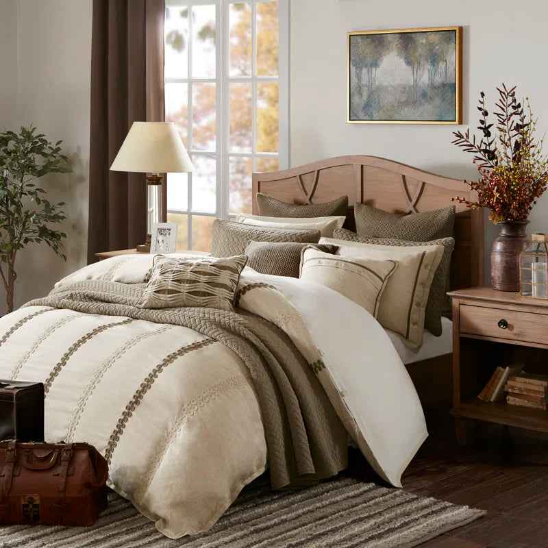 9-Piece Soutache Cord Embroidered Reversible Comforter Set with Removable Insert - Linen-Look Bedding with Euro Shams
