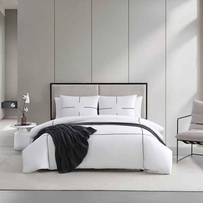 Vera Wang Zig Zag Embroidered White Cotton Sateen Comforter Set - 230 Thread Count Minimalist Bedding with Pillow Shams