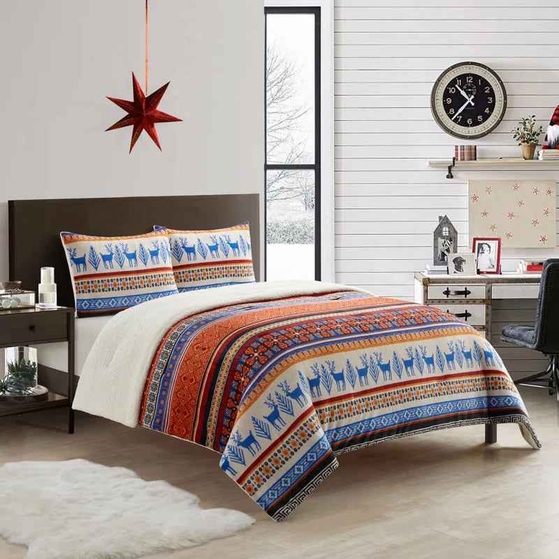 3 Piece Sherpa Comforter Set - Ultra-Soft Plaid Printed Bedding with Faux Shearling Reverse