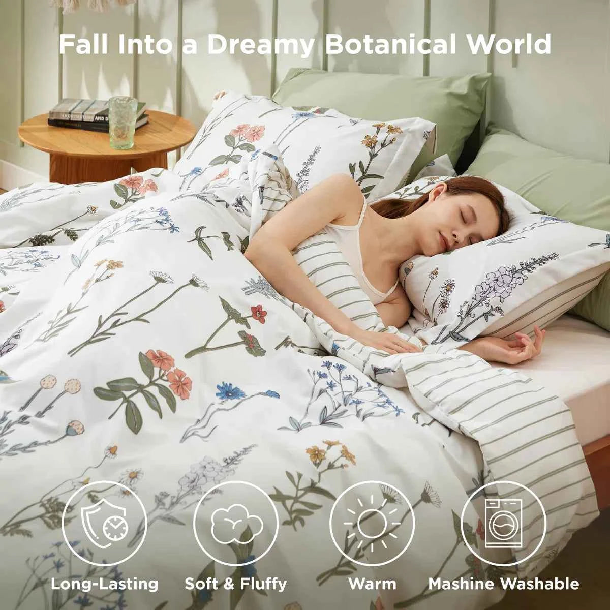 Floral Queen Comforter Set - Soft Microfiber Botanical Bedding with Pillow Shams