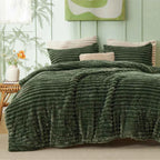 Plush Flannel Striped Fleece Reversible Comforter Set - All-Season Fluffy Light Grey Bedding with Pillow Shams