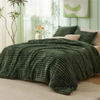 Plush Flannel Striped Fleece Reversible Comforter Set - All-Season Fluffy Light Grey Bedding with Pillow Shams