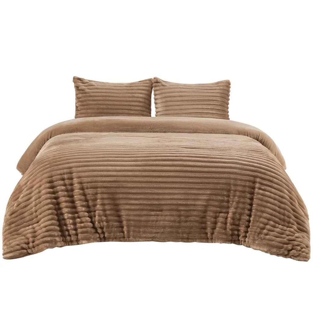 Plush Flannel Striped Fleece Reversible Comforter Set - All-Season Fluffy Light Grey Bedding with Pillow Shams