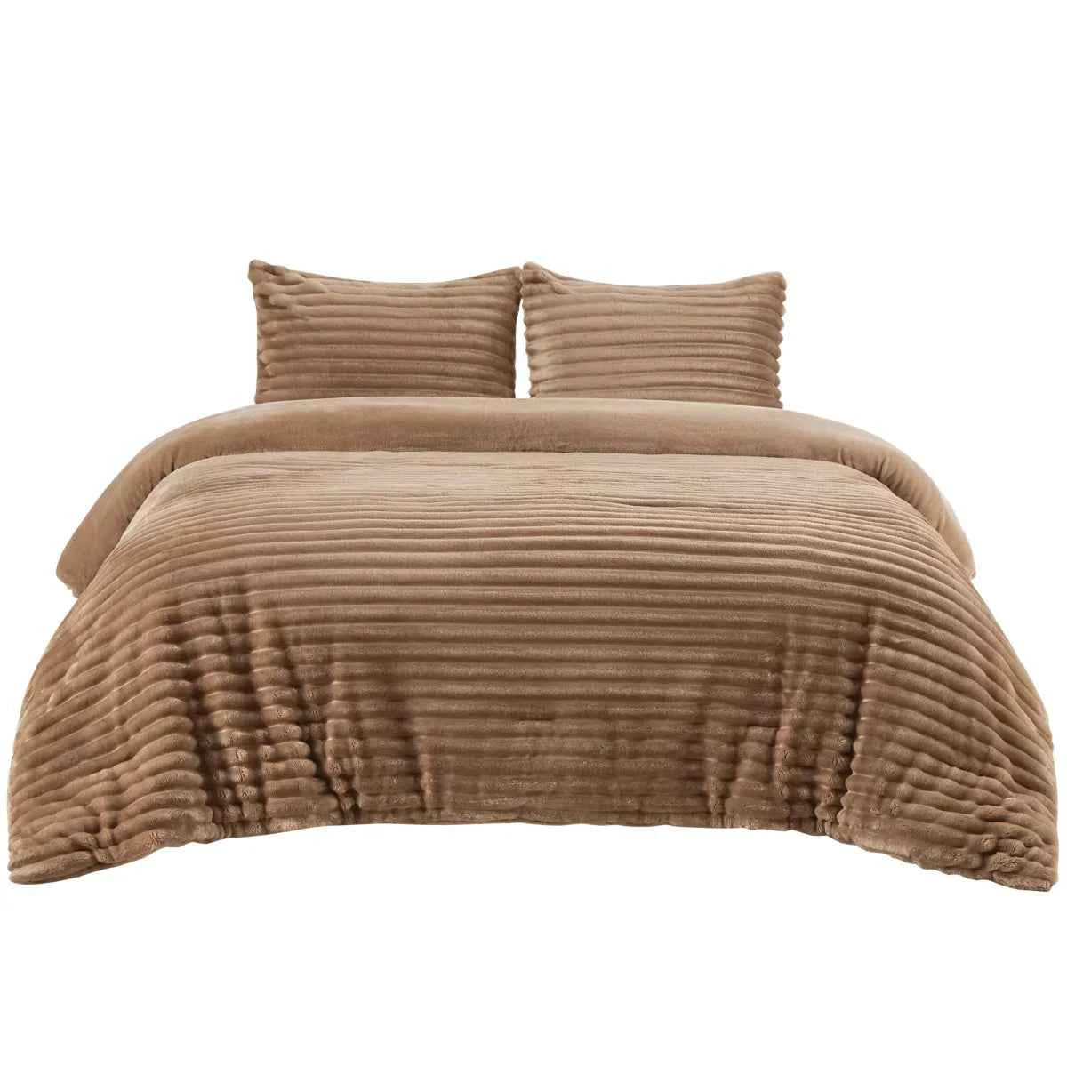 Plush Flannel Striped Fleece Reversible Comforter Set - All-Season Fluffy Light Grey Bedding with Pillow Shams