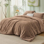 Plush Flannel Striped Fleece Reversible Comforter Set - All-Season Fluffy Light Grey Bedding with Pillow Shams
