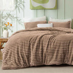Plush Flannel Striped Fleece Reversible Comforter Set - All-Season Fluffy Light Grey Bedding with Pillow Shams