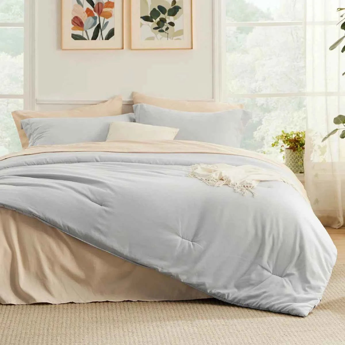 5-Piece Bedsure Light Olive Green Twin Bedding Set - Boho Reversible All-Season Bed in a Bag with Sheets and Shams