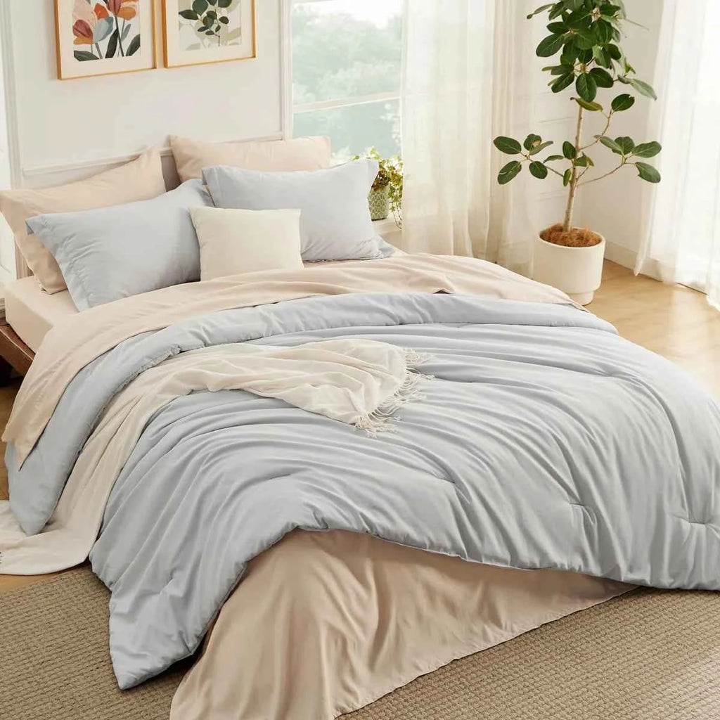 5-Piece Bedsure Light Olive Green Twin Bedding Set - Boho Reversible All-Season Bed in a Bag with Sheets and Shams