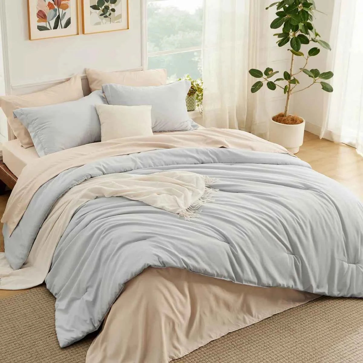 5-Piece Bedsure Light Olive Green Twin Bedding Set - Boho Reversible All-Season Bed in a Bag with Sheets and Shams