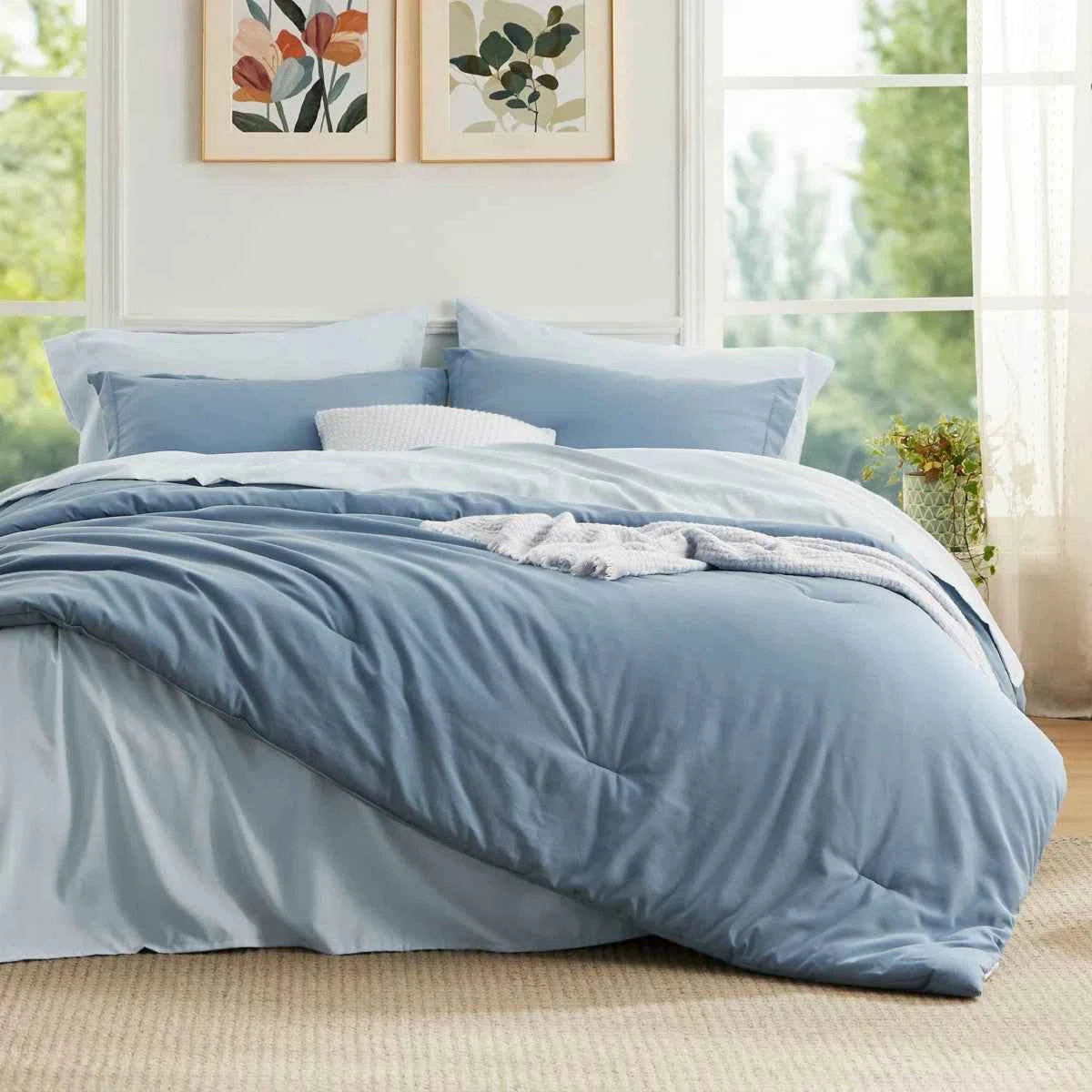 5-Piece Bedsure Light Olive Green Twin Bedding Set - Boho Reversible All-Season Bed in a Bag with Sheets and Shams
