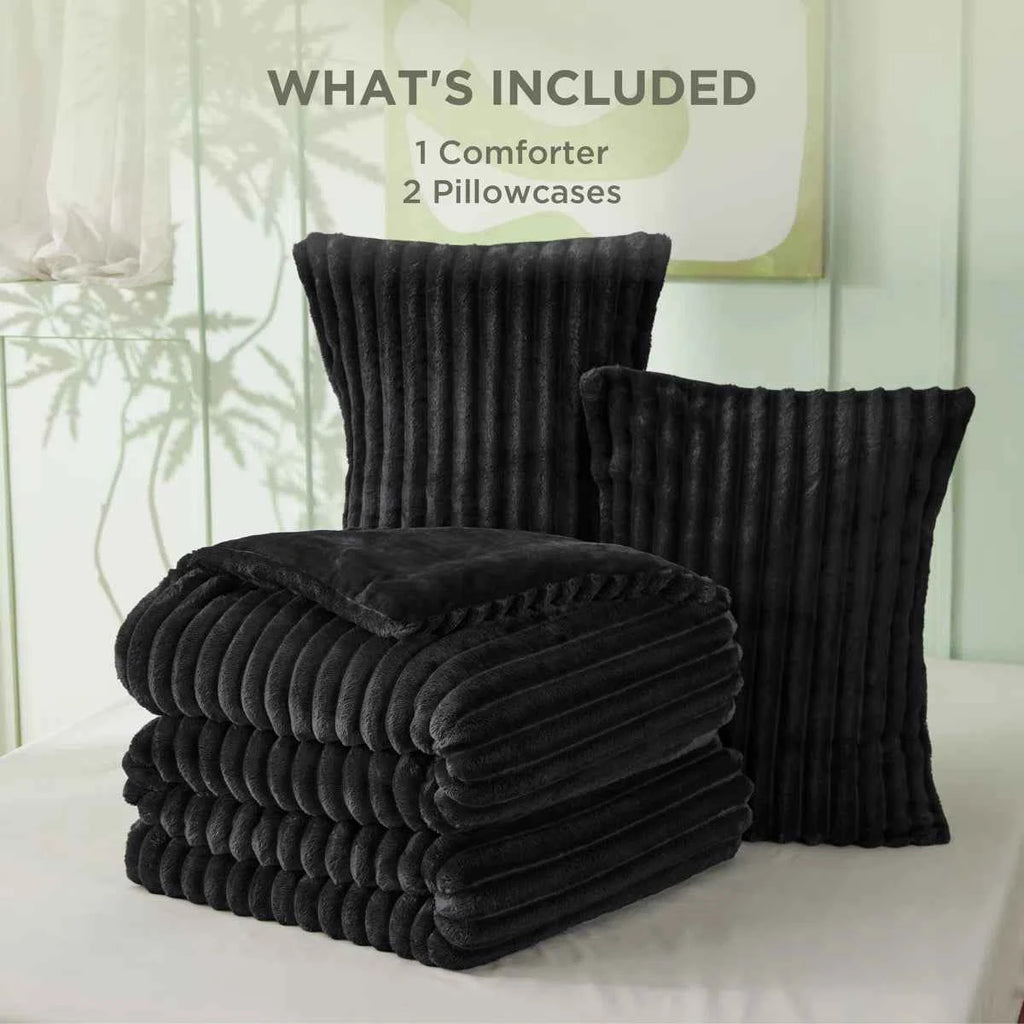 Plush Flannel Striped Fleece Reversible Comforter Set - All-Season Fluffy Light Grey Bedding with Pillow Shams