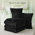 Plush Flannel Striped Fleece Reversible Comforter Set - All-Season Fluffy Light Grey Bedding with Pillow Shams