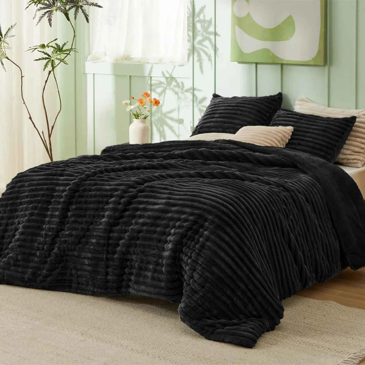 Plush Flannel Striped Fleece Reversible Comforter Set - All-Season Fluffy Light Grey Bedding with Pillow Shams