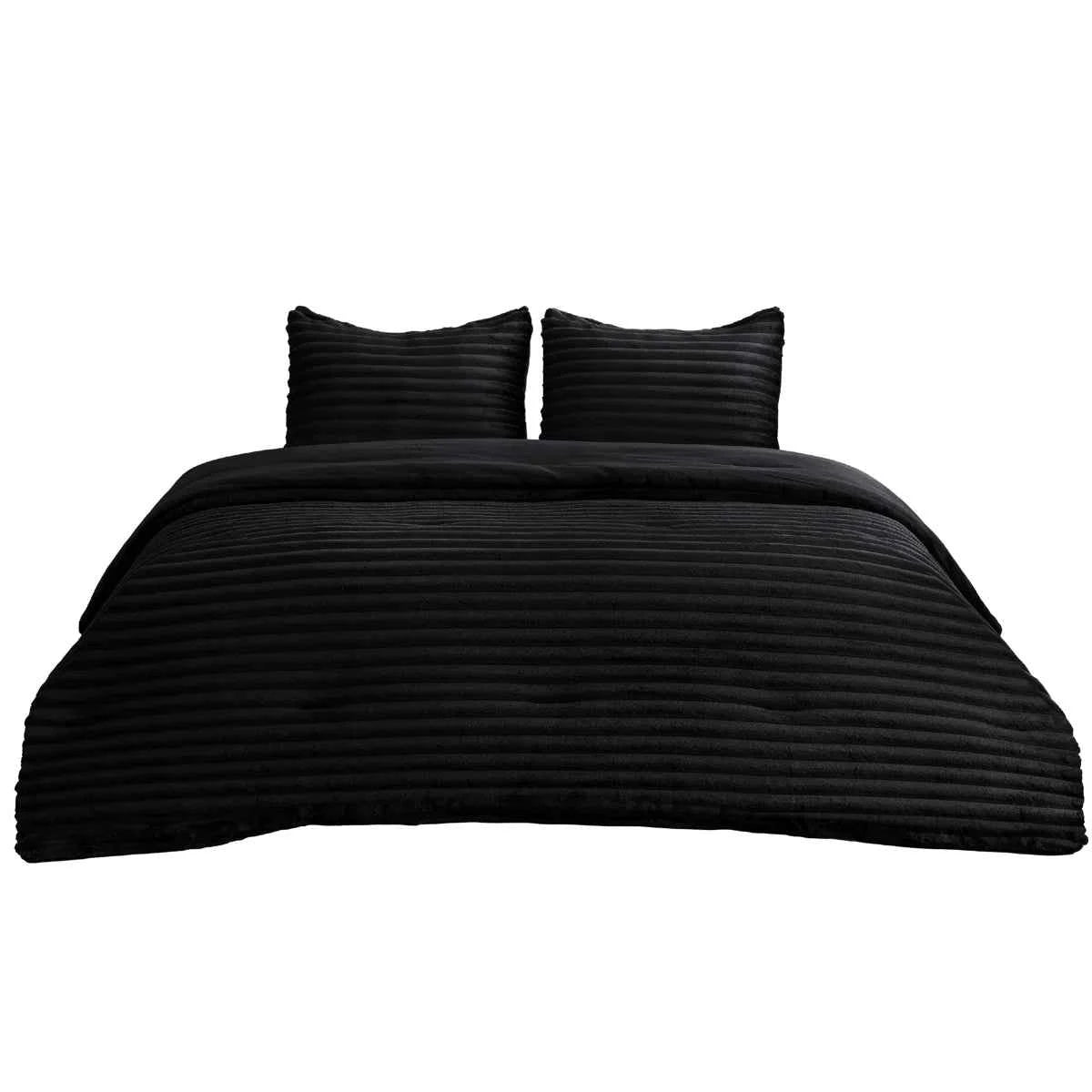 Plush Flannel Striped Fleece Reversible Comforter Set - All-Season Fluffy Light Grey Bedding with Pillow Shams