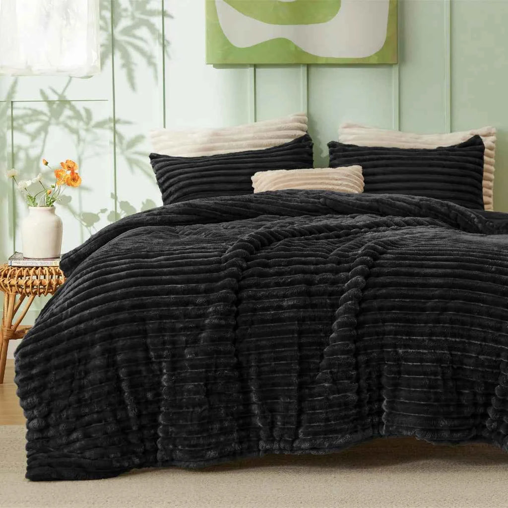 Plush Flannel Striped Fleece Reversible Comforter Set - All-Season Fluffy Light Grey Bedding with Pillow Shams