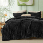Plush Flannel Striped Fleece Reversible Comforter Set - All-Season Fluffy Light Grey Bedding with Pillow Shams