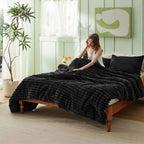 Plush Flannel Striped Fleece Reversible Comforter Set - All-Season Fluffy Light Grey Bedding with Pillow Shams