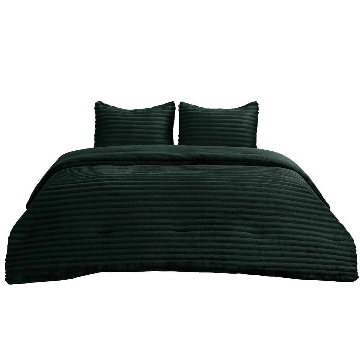 Plush Flannel Striped Fleece Reversible Comforter Set - All-Season Fluffy Light Grey Bedding with Pillow Shams
