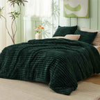 Plush Flannel Striped Fleece Reversible Comforter Set - All-Season Fluffy Light Grey Bedding with Pillow Shams