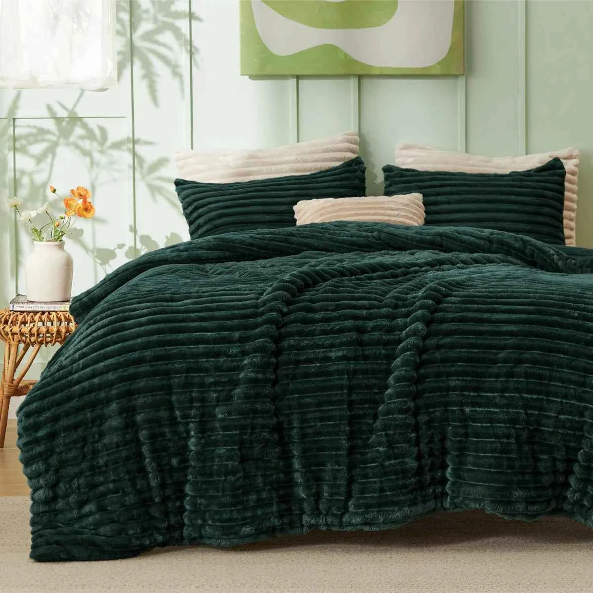 Plush Flannel Striped Fleece Reversible Comforter Set - All-Season Fluffy Light Grey Bedding with Pillow Shams