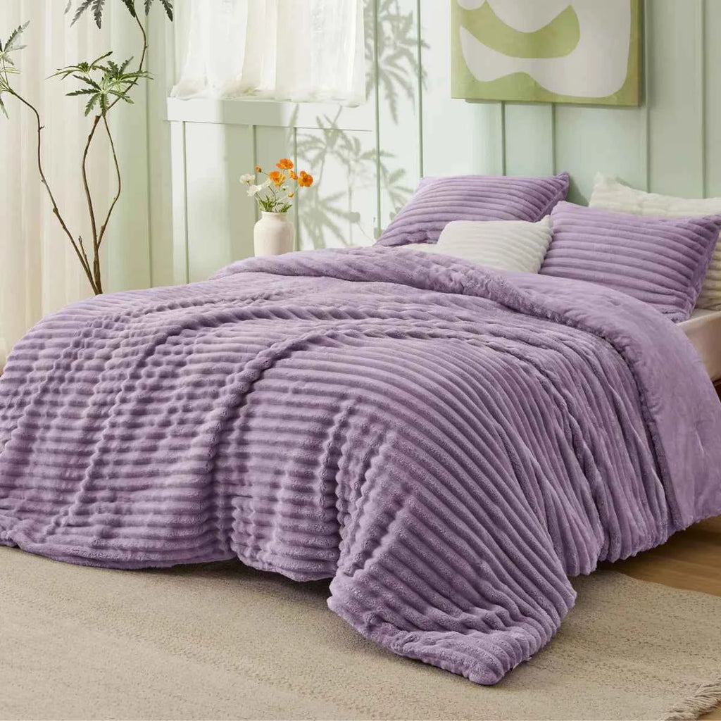 Plush Flannel Striped Fleece Reversible Comforter Set - All-Season Fluffy Light Grey Bedding with Pillow Shams