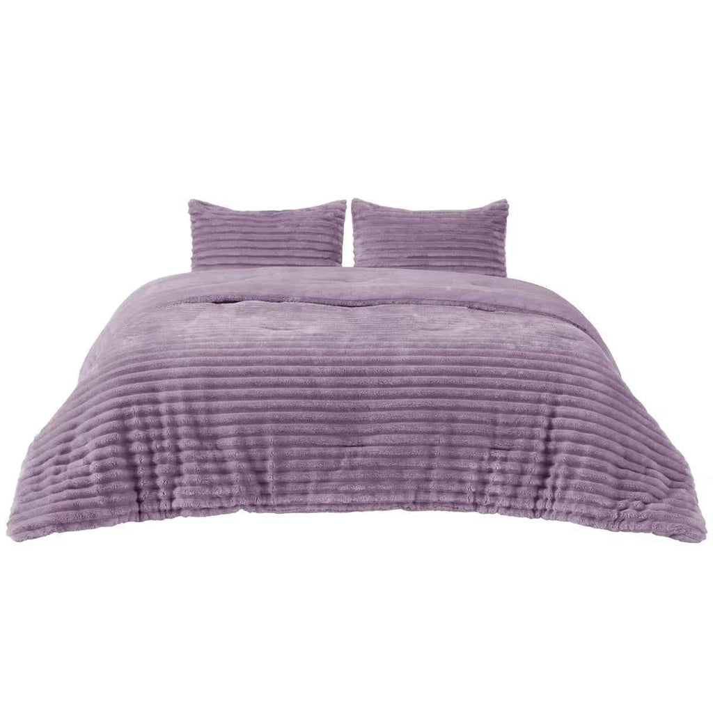Plush Flannel Striped Fleece Reversible Comforter Set - All-Season Fluffy Light Grey Bedding with Pillow Shams
