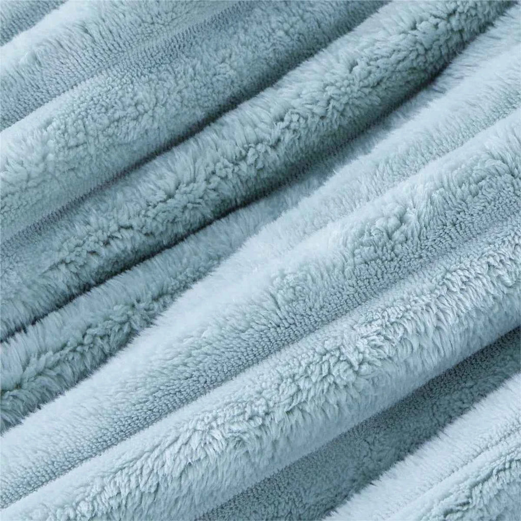 Plush Flannel Striped Fleece Reversible Comforter Set - All-Season Fluffy Light Grey Bedding with Pillow Shams