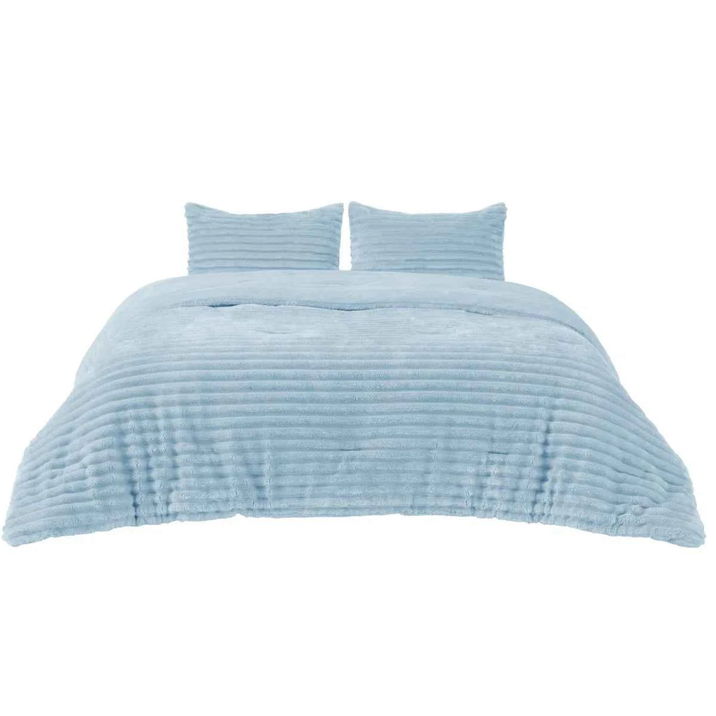 Plush Flannel Striped Fleece Reversible Comforter Set - All-Season Fluffy Light Grey Bedding with Pillow Shams