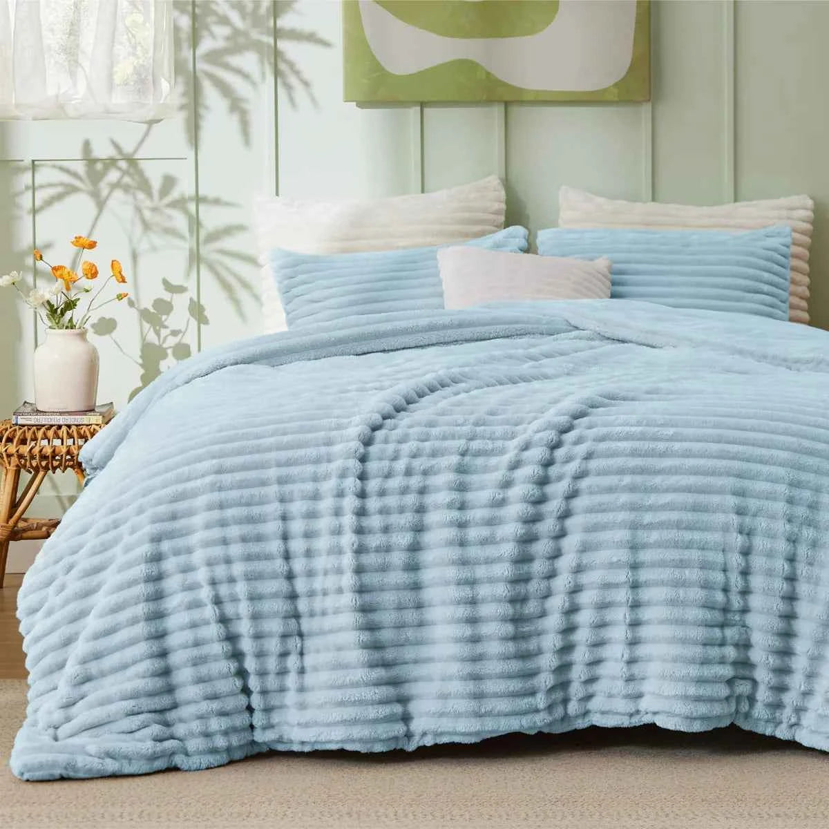 Plush Flannel Striped Fleece Reversible Comforter Set - All-Season Fluffy Light Grey Bedding with Pillow Shams