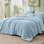Plush Flannel Striped Fleece Reversible Comforter Set - All-Season Fluffy Light Grey Bedding with Pillow Shams
